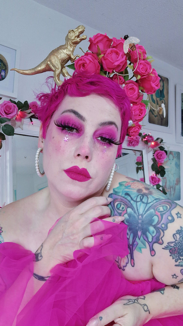 "Dainty" Dinosaur, Pearls & Pink Rose Headdress