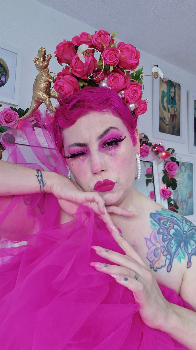 "Dainty" Dinosaur, Pearls & Pink Rose Headdress