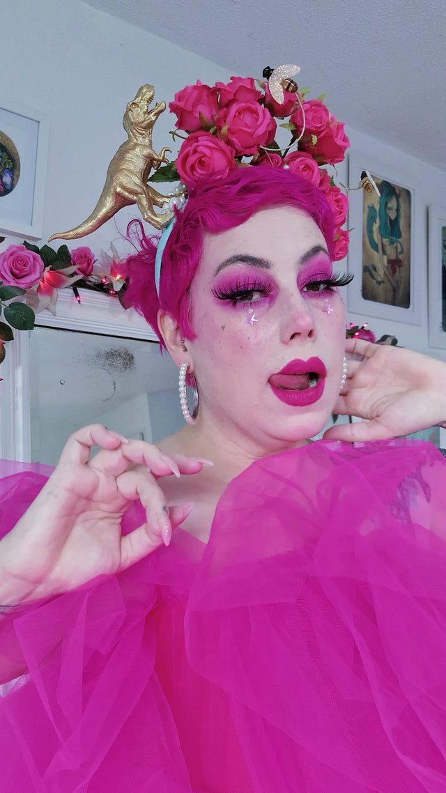 "Dainty" Dinosaur, Pearls & Pink Rose Headdress