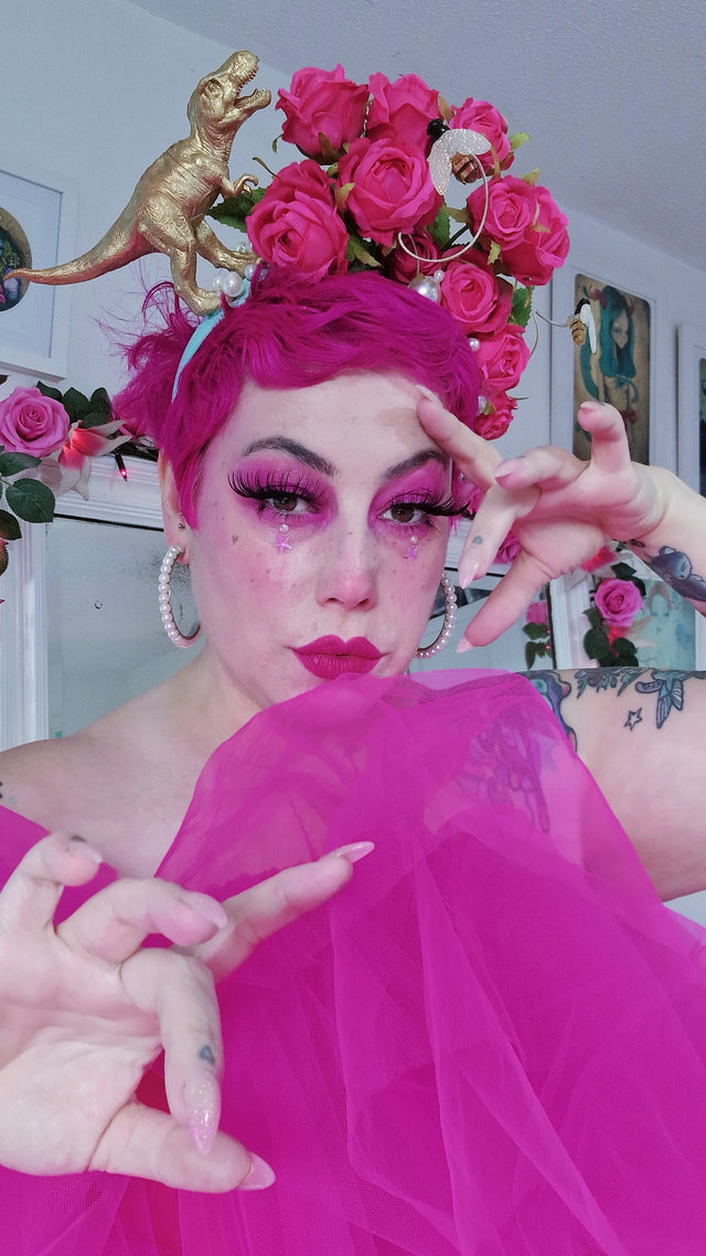 "Dainty" Dinosaur, Pearls & Pink Rose Headdress
