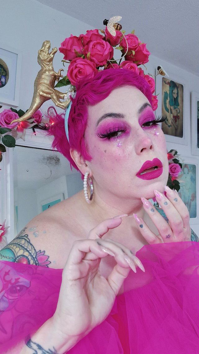 "Dainty" Dinosaur, Pearls & Pink Rose Headdress