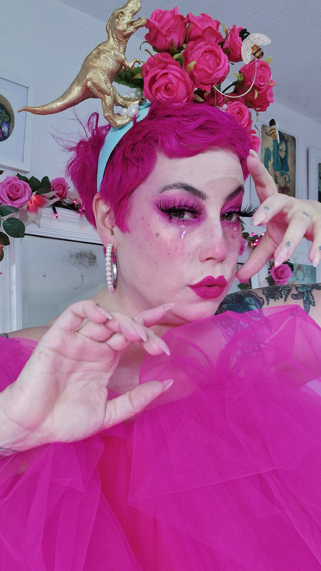 "Dainty" Dinosaur, Pearls & Pink Rose Headdress