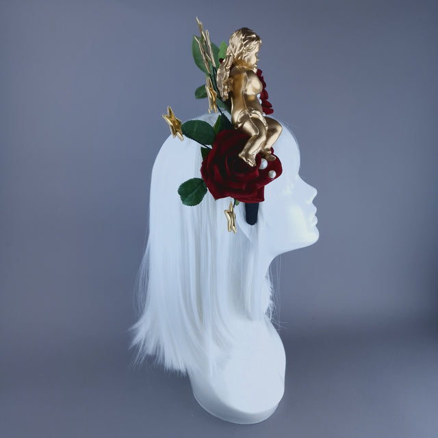 "Sanctissima" Red Rose, Pearls, Star Halo & Gold Cherub Headdress
