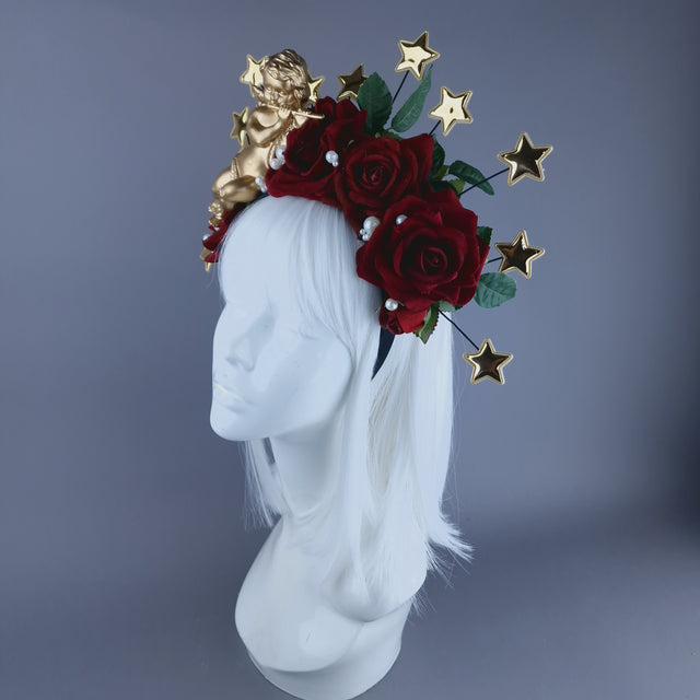 "Sanctissima" Red Rose, Pearls, Star Halo & Gold Cherub Headdress