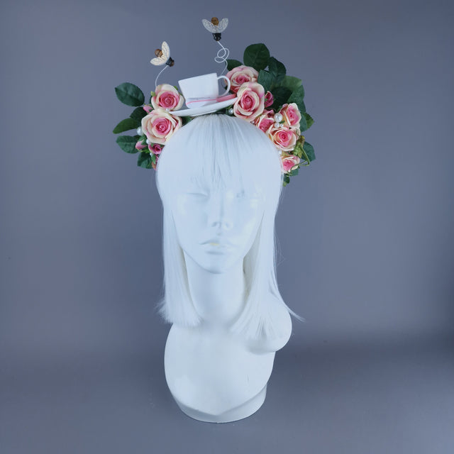 "Q-tea" Teacup, Bees, Pearls & Pink Rose Headdress