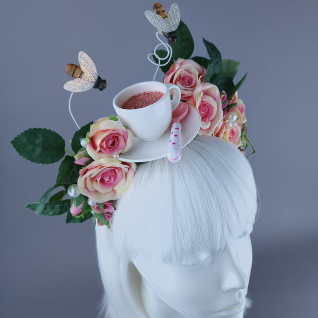 "Q-tea" Teacup, Bees, Pearls & Pink Rose Headdress