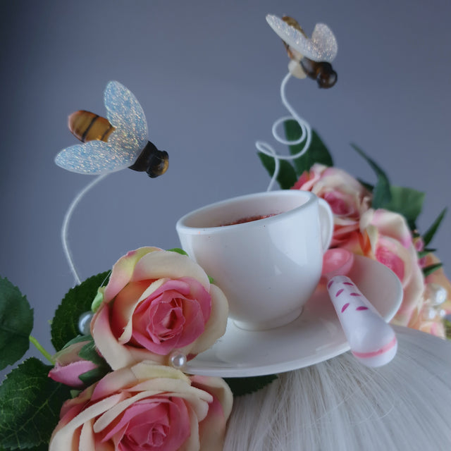 "Q-tea" Teacup, Bees, Pearls & Pink Rose Headdress