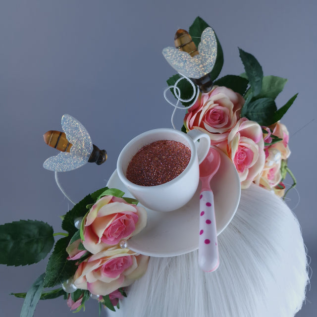 "Q-tea" Teacup, Bees, Pearls & Pink Rose Headdress