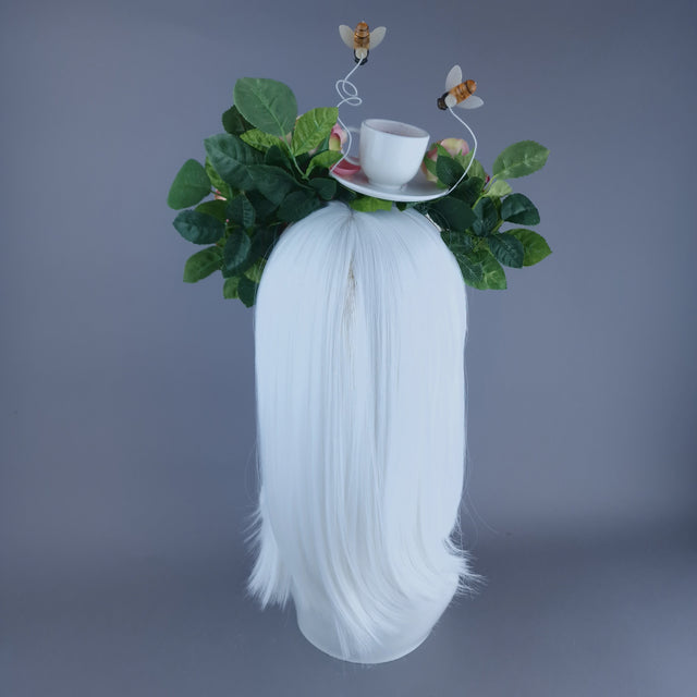 "Q-tea" Teacup, Bees, Pearls & Pink Rose Headdress