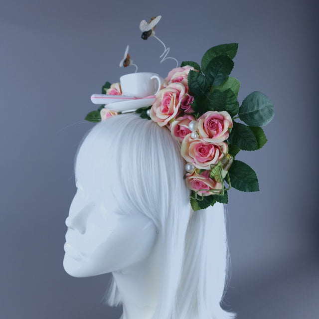 "Q-tea" Teacup, Bees, Pearls & Pink Rose Headdress