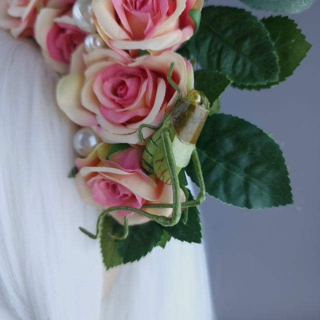 "Q-tea" Teacup, Bees, Pearls & Pink Rose Headdress