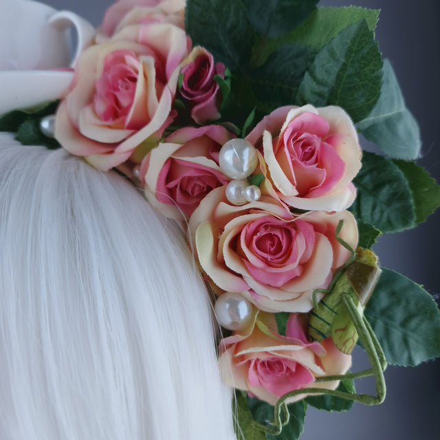 "Q-tea" Teacup, Bees, Pearls & Pink Rose Headdress