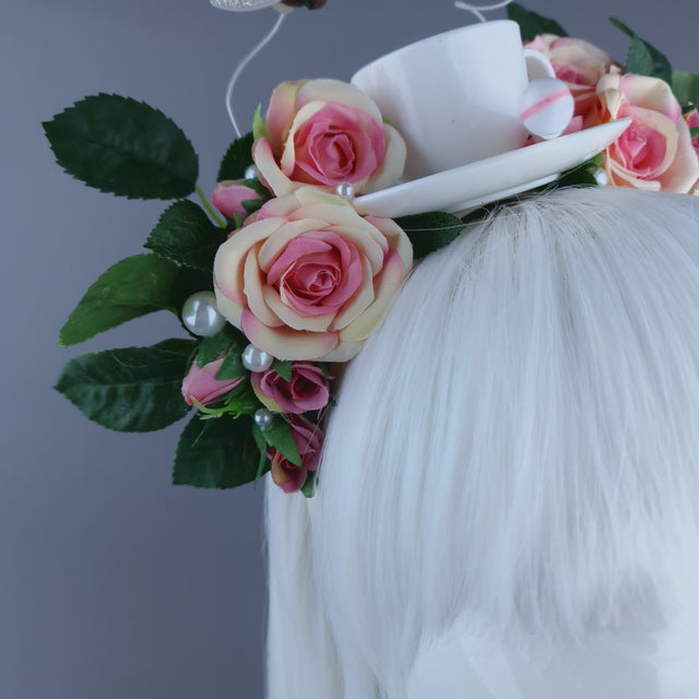 "Q-tea" Teacup, Bees, Pearls & Pink Rose Headdress