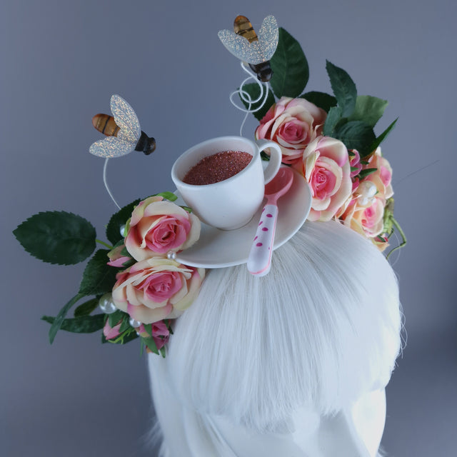 "Q-tea" Teacup, Bees, Pearls & Pink Rose Headdress