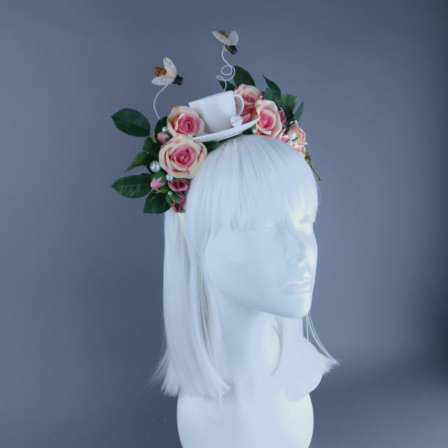 "Q-tea" Teacup, Bees, Pearls & Pink Rose Headdress
