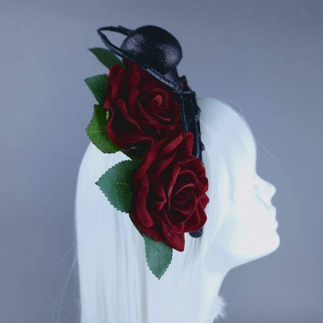 "Lolth" Black Glitter Spider, Filigree & Rose Headdress