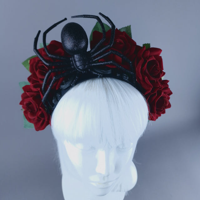 "Lolth" Black Glitter Spider, Filigree & Rose Headdress