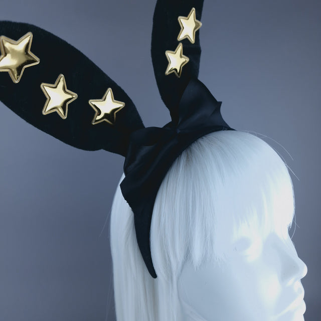 "Izar" Black Bunny Rabbit Ear with Gold Stars Headpiece