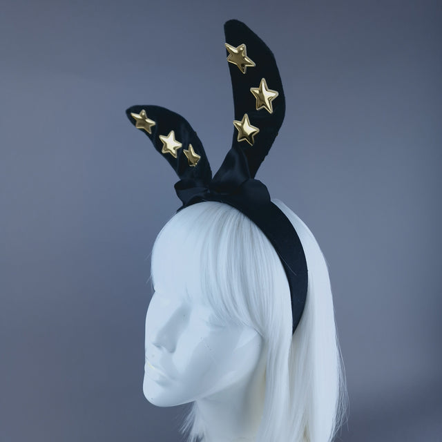 "Izar" Black Bunny Rabbit Ear with Gold Stars Headpiece