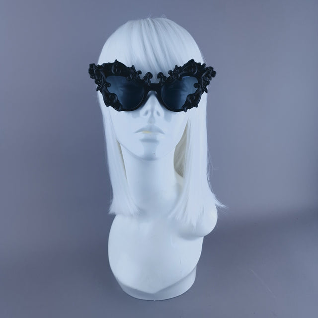 "Lethia" Black Filigree Cats Eye Sunglasses