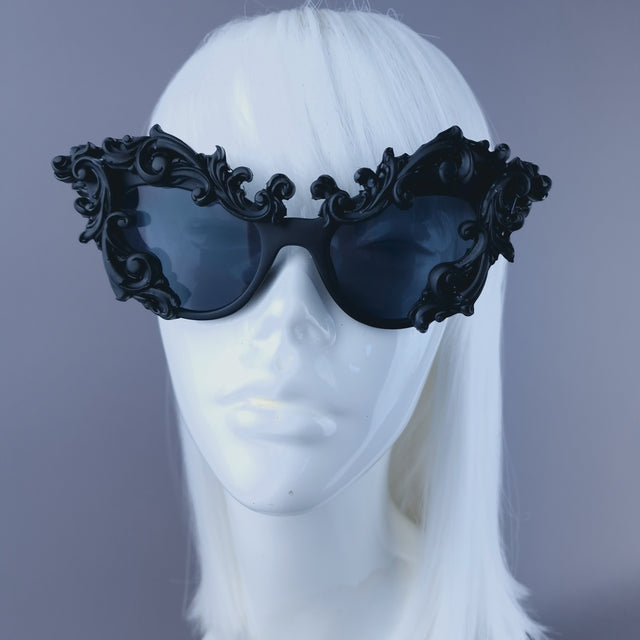 Pearls & Swine: Black Filigree Cats Eye Sunglasses "Lethia"