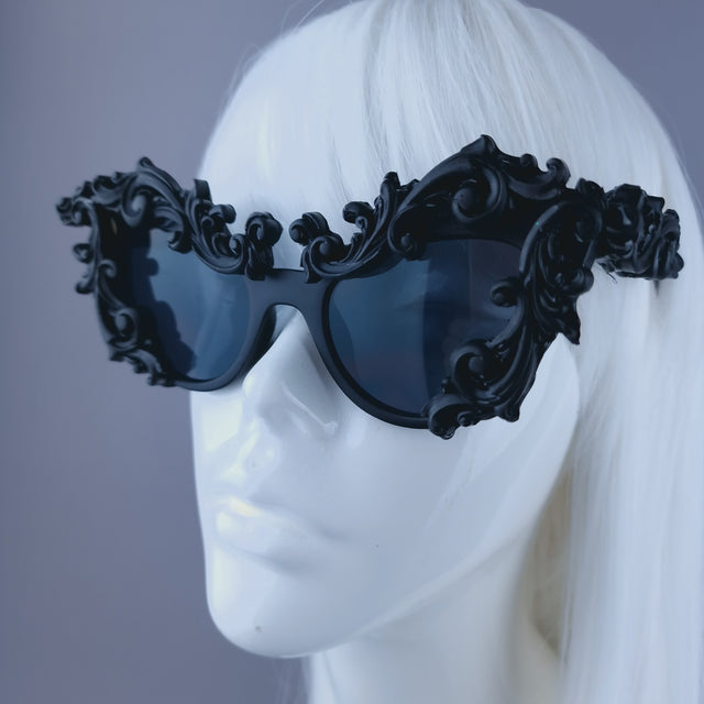 "Lethia" Black Filigree Cats Eye Sunglasses