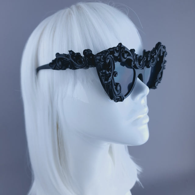 "Lethia" Black Filigree Cats Eye Sunglasses