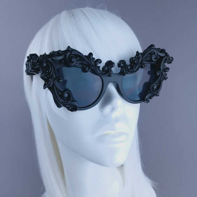 Pearls & Swine: Black Filigree Cats Eye Sunglasses "Lethia"