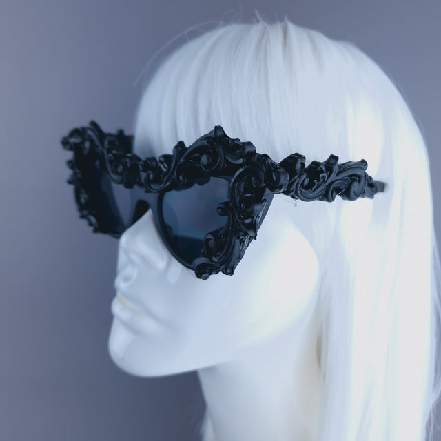 Pearls & Swine: Black Filigree Cats Eye Sunglasses "Lethia"