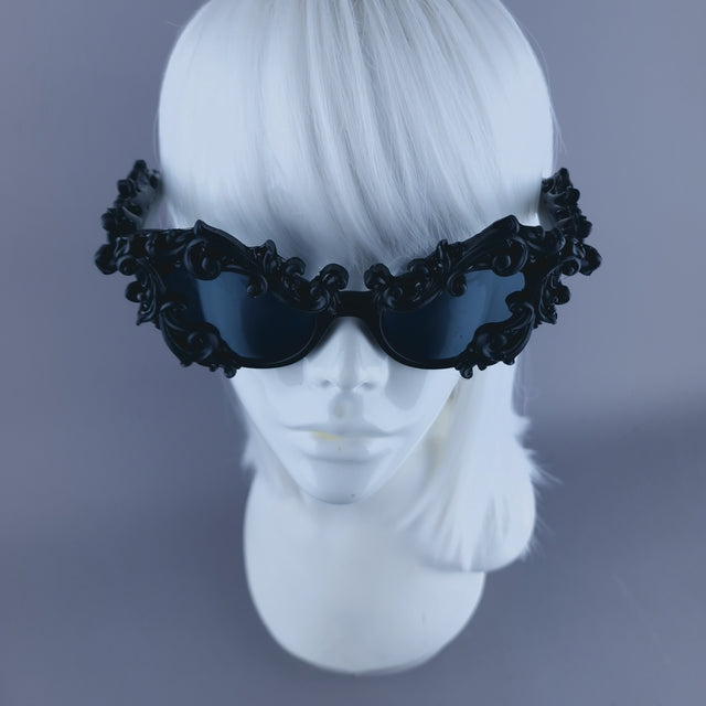 "Lethia" Black Filigree Cats Eye Sunglasses