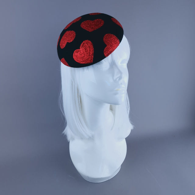 "Sweet Heart" Red Glitter Hearts on Black Fascinator Hat Headdress