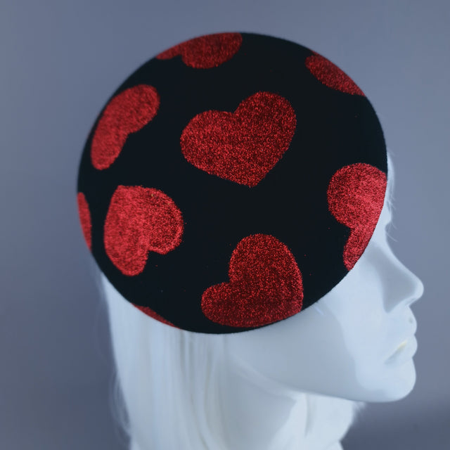 "Sweet Heart" Red Glitter Hearts on Black Fascinator Hat Headdress