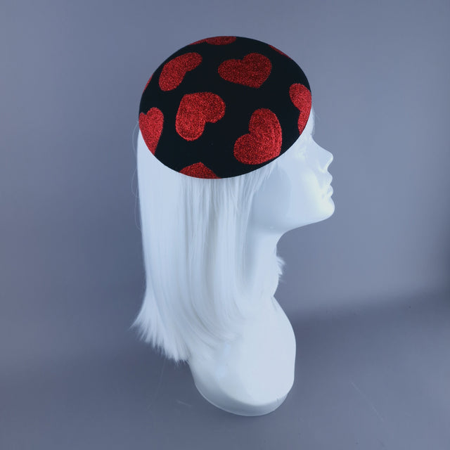 "Sweet Heart" Red Glitter Hearts on Black Fascinator Hat Headdress