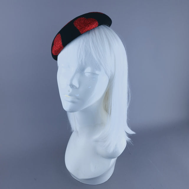 "Sweet Heart" Red Glitter Hearts on Black Fascinator Hat Headdress