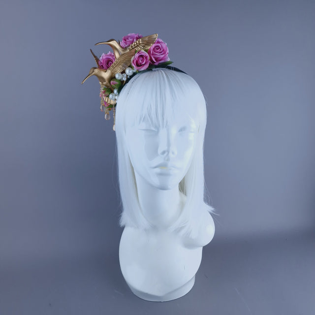 "Kairos" Gold Hummingbirds with Pink Roses & Pearls Headband