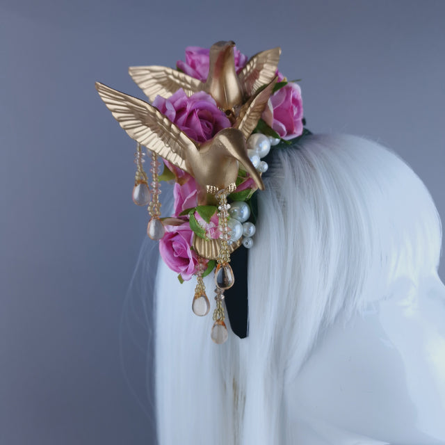 "Kairos" Gold Hummingbirds with Pink Roses & Pearls Headband