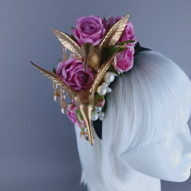 "Kairos" Gold Hummingbirds with Pink Roses & Pearls Headband