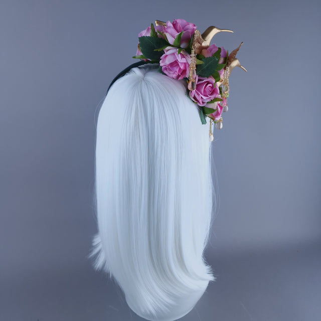"Kairos" Gold Hummingbirds with Pink Roses & Pearls Headband