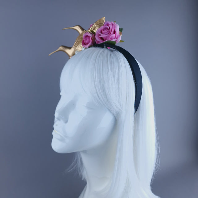 "Kairos" Gold Hummingbirds with Pink Roses & Pearls Headband