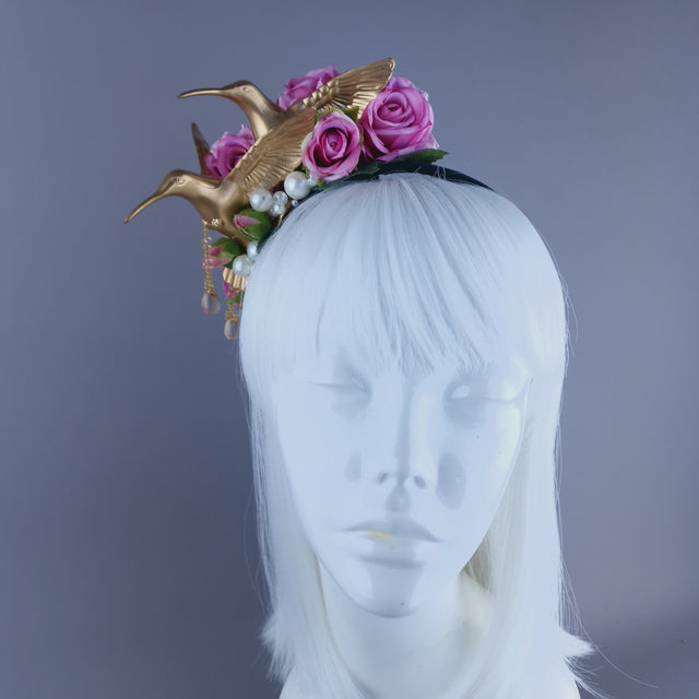"Kairos" Gold Hummingbirds with Pink Roses & Pearls Headband