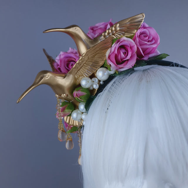 "Kairos" Gold Hummingbirds with Pink Roses & Pearls Headband