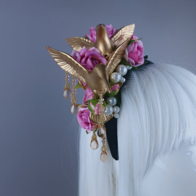 "Kairos" Gold Hummingbirds with Pink Roses & Pearls Headband