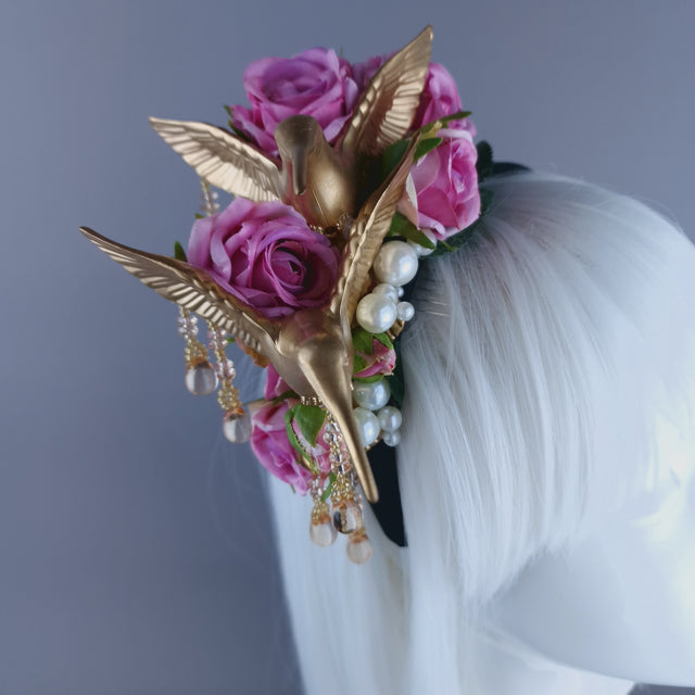 "Kairos" Gold Hummingbirds with Pink Roses & Pearls Headband