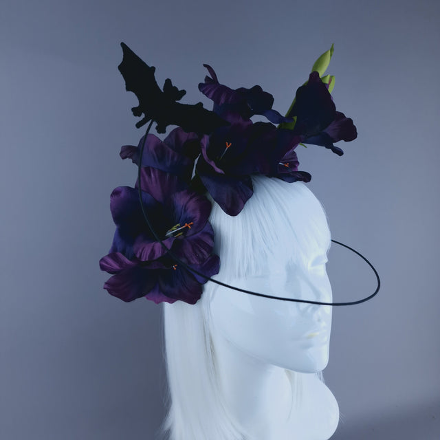 "Eris" Purple Gladioli Flowers and Bat Headband Headpiece