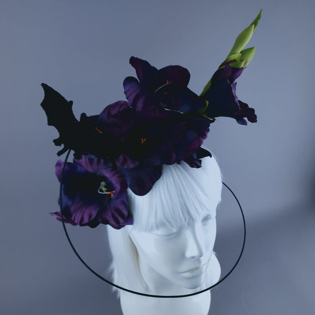 "Eris" Purple Gladioli Flowers and Bat Headband Headpiece