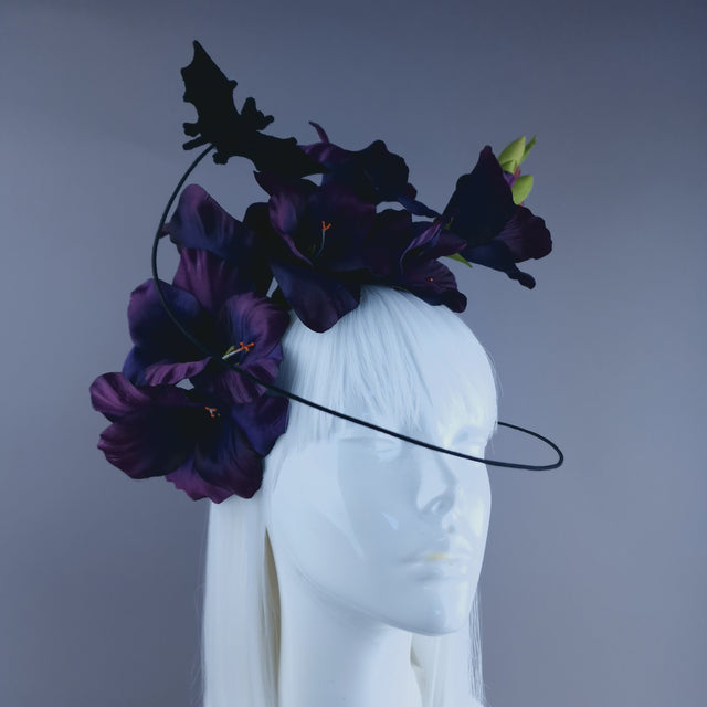 "Eris" Purple Gladioli Flowers and Bat Headband Headpiece