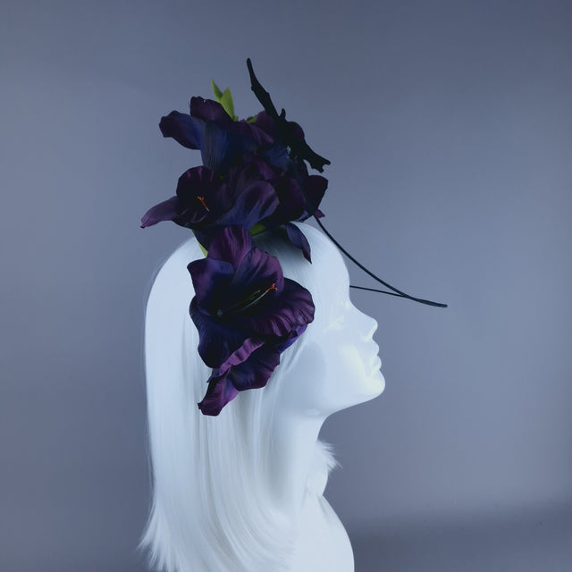 "Eris" Purple Gladioli Flowers and Bat Headband Headpiece