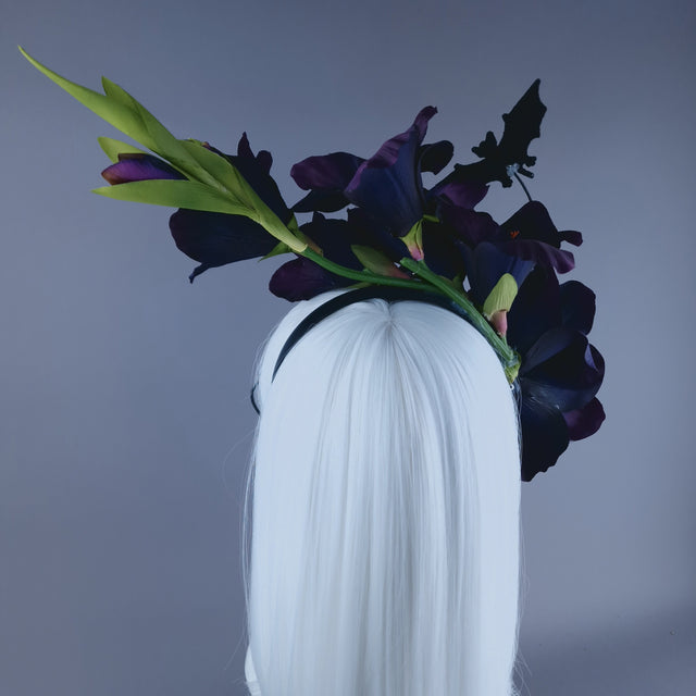"Eris" Purple Gladioli Flowers and Bat Headband Headpiece
