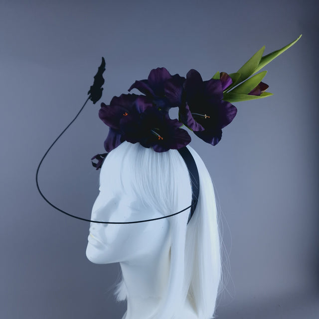 "Eris" Purple Gladioli Flowers and Bat Headband Headpiece