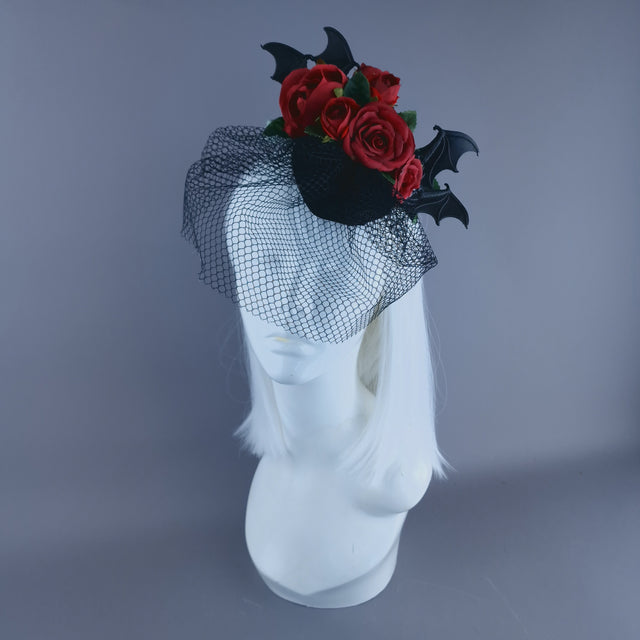 "Dade" Bat Wing & Red Rose Veil Headdress